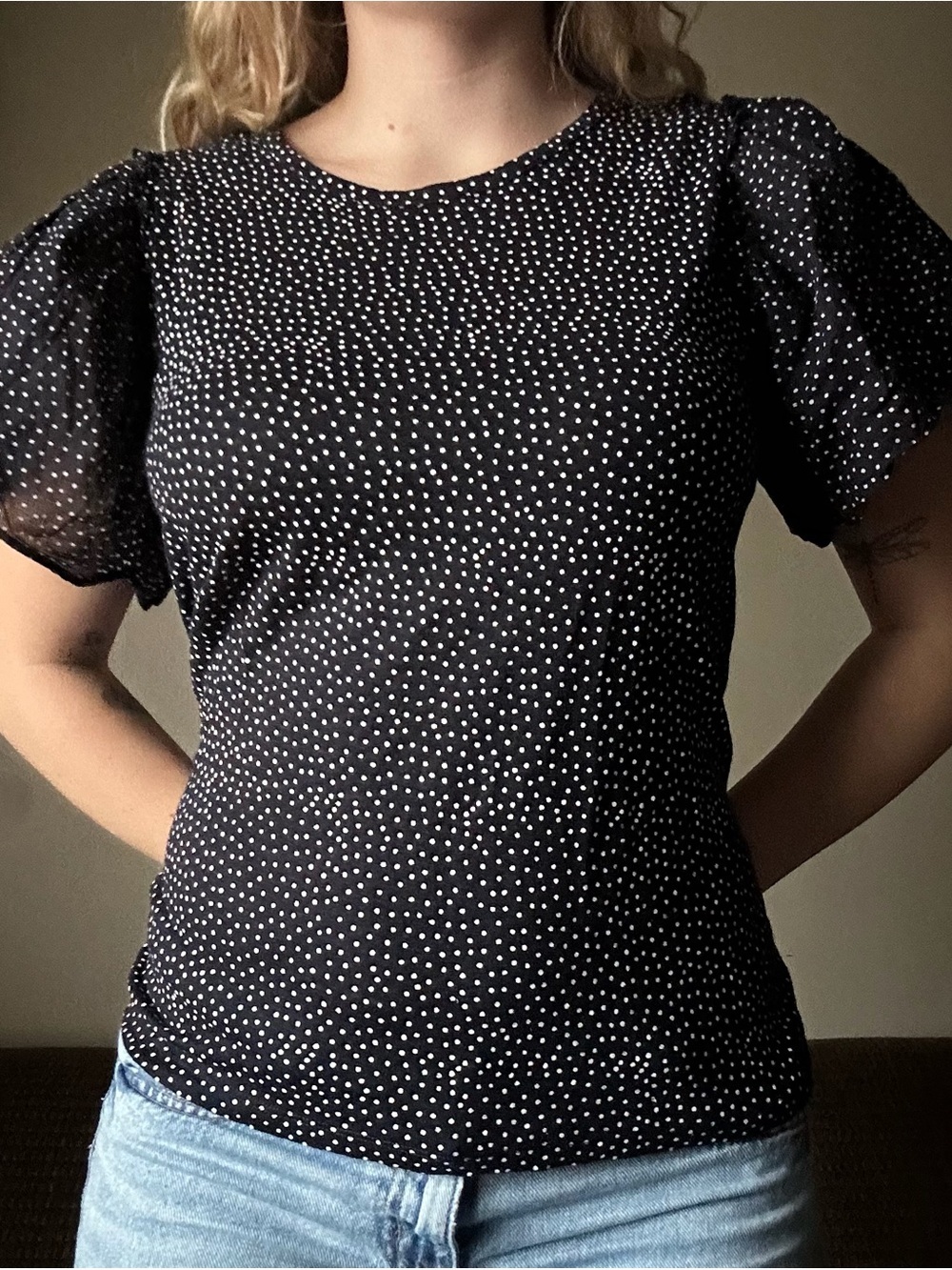 LOFT Black Polka Dot Linen Flutter Sleeve Blouse Small